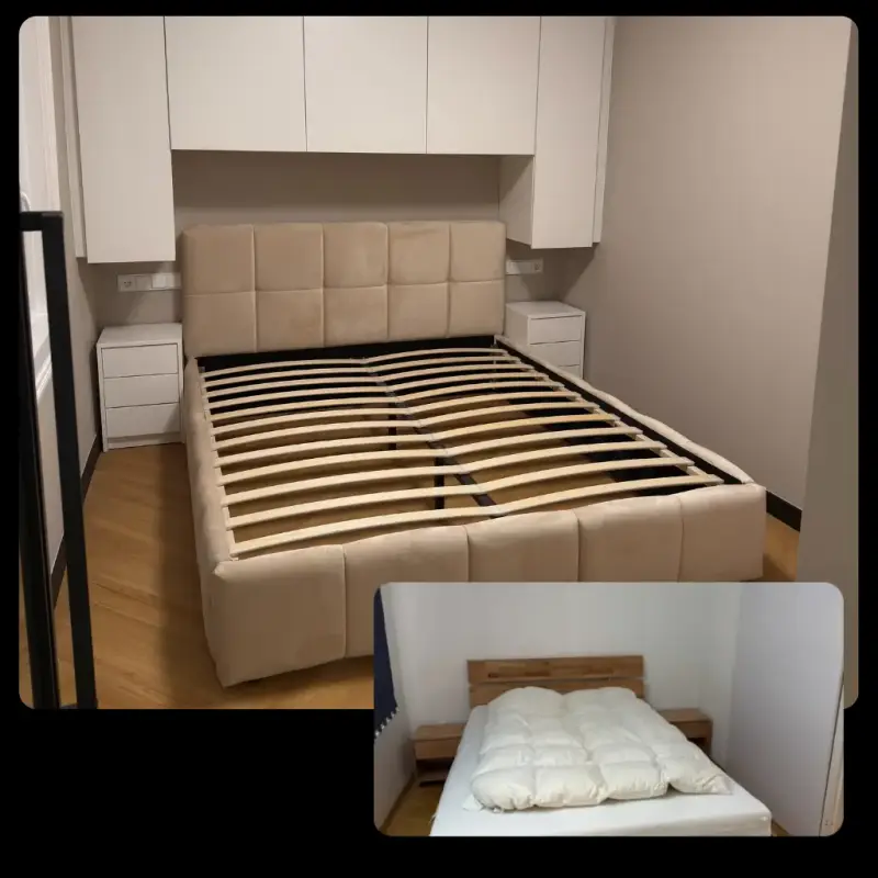 Innenausbau vorher und nachher: Schlafzimmer mit neuen Einbauschränken und neuem Bett