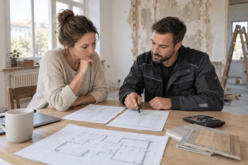Eigentümerin und Handwerker vergleichen Sanierungsangebote bei der Planung einer Wohnungsrenovierung
