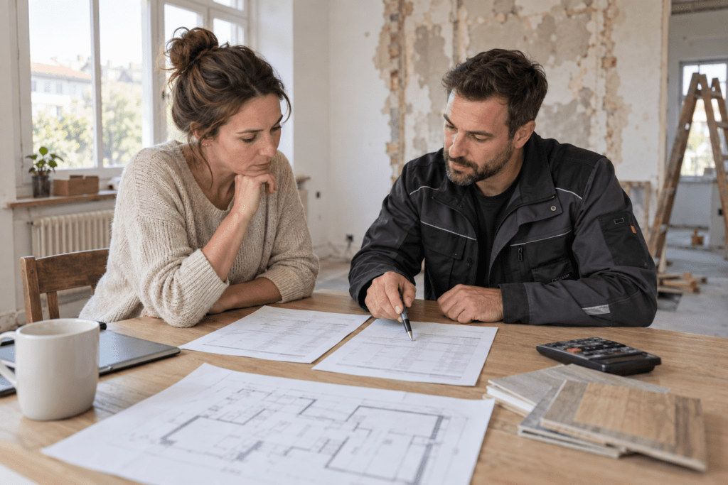 Eigentümerin und Handwerker vergleichen Sanierungsangebote bei der Planung einer Wohnungsrenovierung